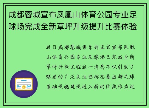成都蓉城宣布凤凰山体育公园专业足球场完成全新草坪升级提升比赛体验 成都蓉城宣布凤凰山体育公园专业足球场完成全新草坪升级提升比赛体验
